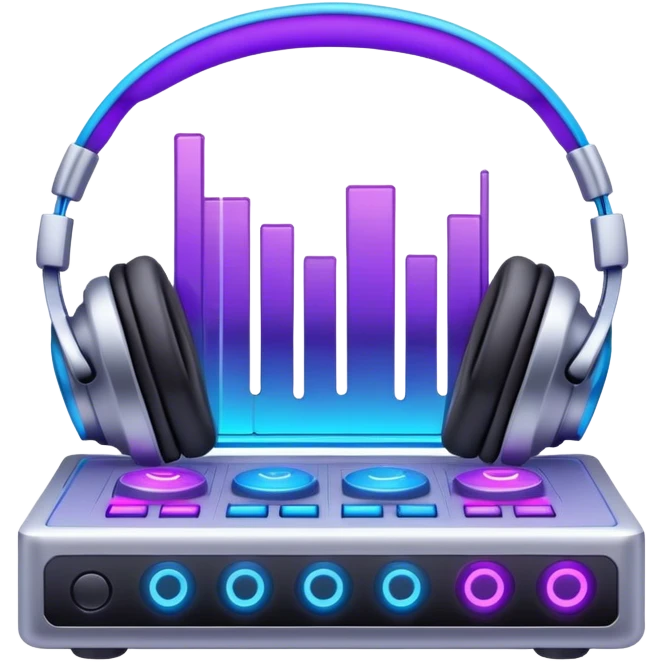Create a sleek and modern emoji that represents sound design. The design should feature sound waves, a sound mixing console, and a pair of studio headphones to symbolize the process of creating and shaping sound. Include elements like a synthesizer or audio effects buttons to highlight the creative tools used in sound design. Use futuristic colors like neon blue, purple, and silver to convey the cutting-edge, experimental nature of sound creation. The background should be transparent. emoji