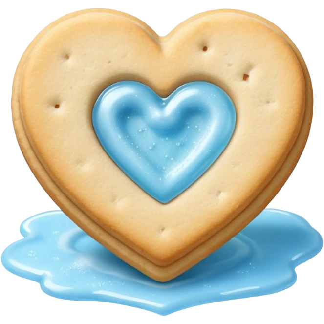 Realistic shortbread cookie in the shape of a heart with light blue jelly middle filling and sprinkled powder sugar on top. emoji