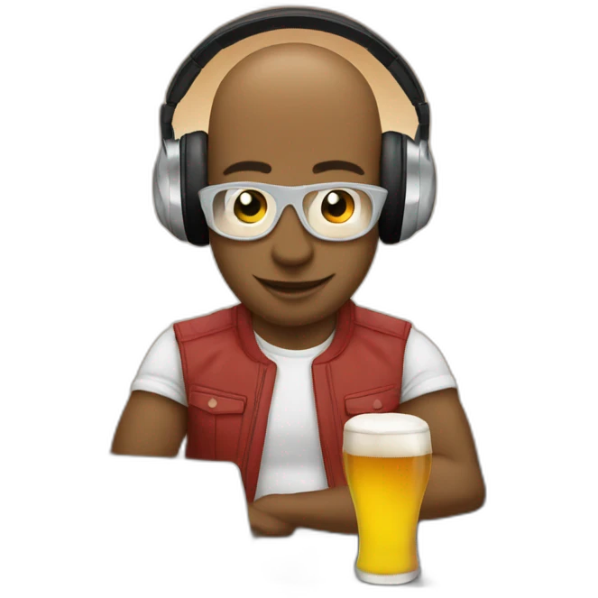 Bald Dj behind dj desk with a beer emoji
