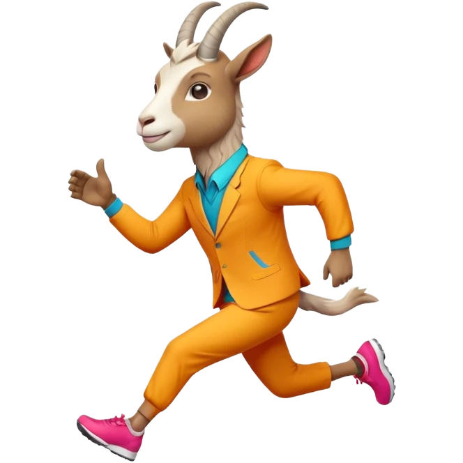 friendly anthropomorphised goat jogging upright in a colourful suit, relaxed pose emoji