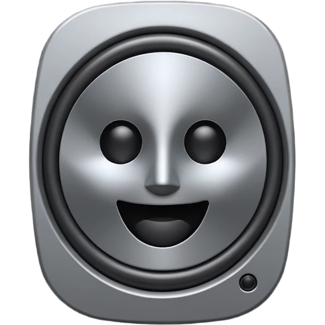 Minimal emoji icon of a modern metallic speaker, front view, detailed geometry, dark metallic body, subtle highlights, isolated emoji