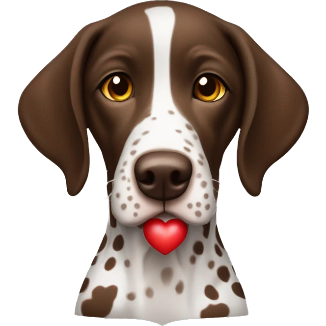 Brown and white German shorthair pointer with a heart emoji