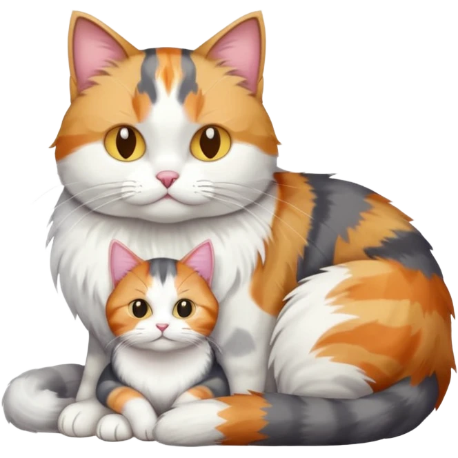 full body colourful light patched calico + white tabby cat cuddling a large grey and white cat  emoji
