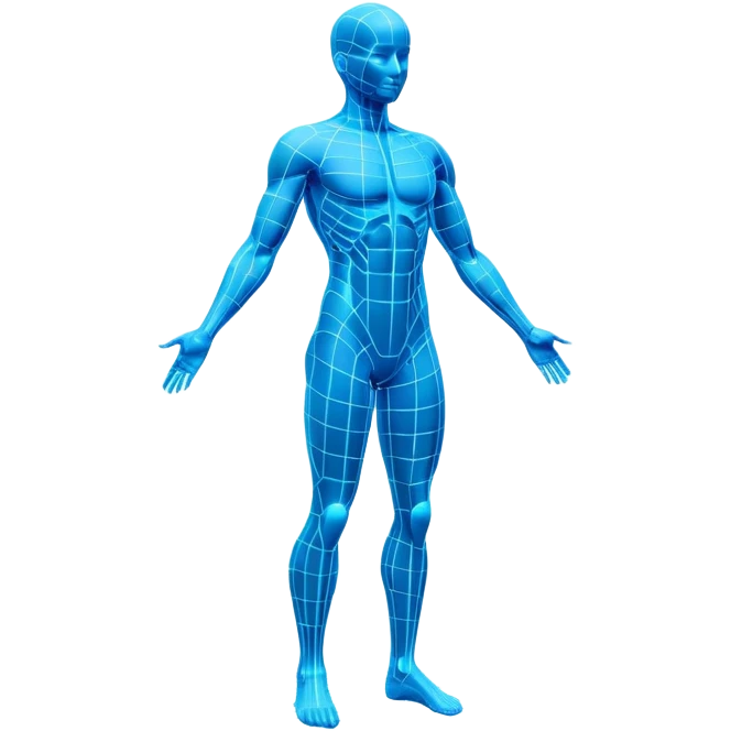 Human body silhouette with digital 3D scanning grid lines covering it, futuristic body scan emoji