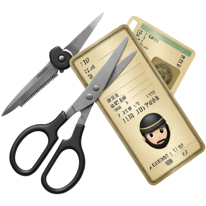 Floating black Scissors cutting in half an idf soldier ID card with a little chip in 2 parts emoji