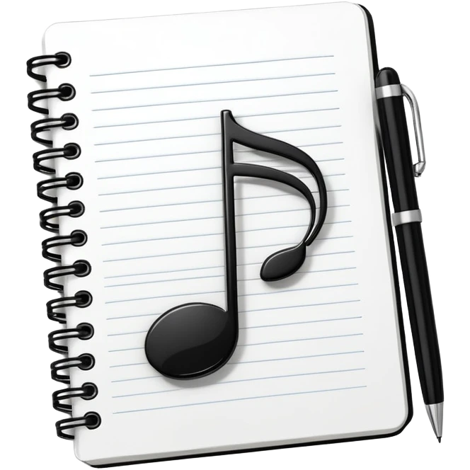 Minimalistic flat vector icon, iOS style, thin black contour on white background. Small notebook with a musical note on the cover, a pen placed next to it. Clean, modern, no text, no shadows. emoji