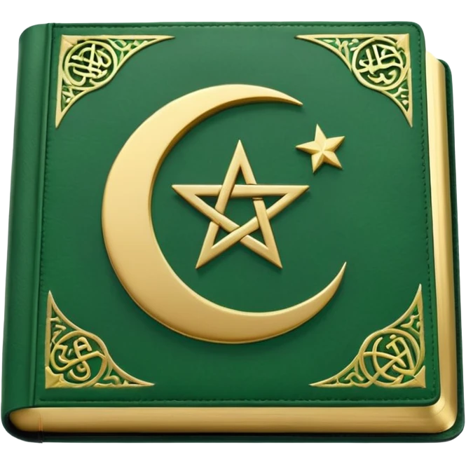 Closed Quran with the Islamic Symbol on it (moon and star) green from left to right emoji