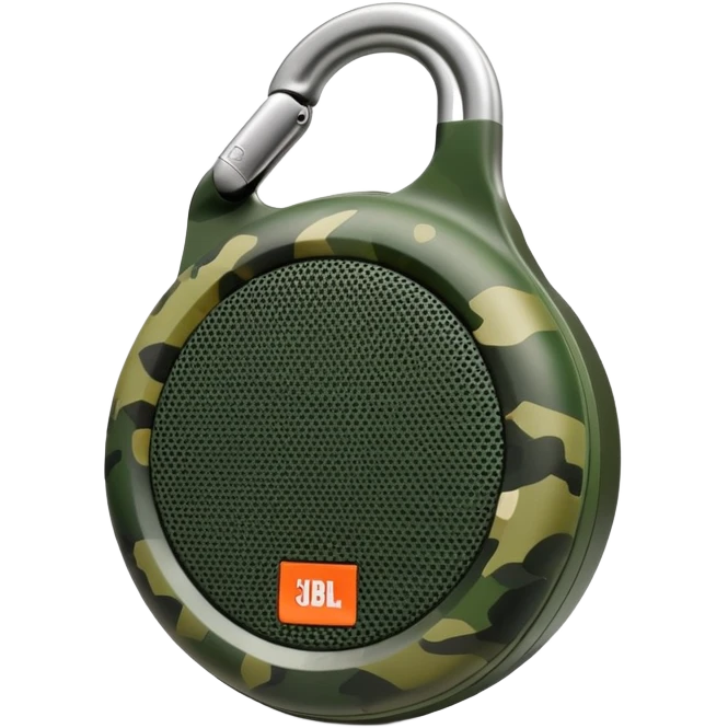 Minimalist JBL Clip 4 speaker with accurate circular shape and integrated carabiner clip at top, green camouflage pattern, iOS emoji style emoji