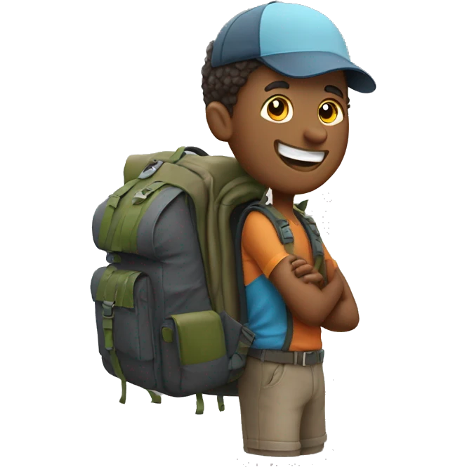 happy guy with backpack holding camer emoji