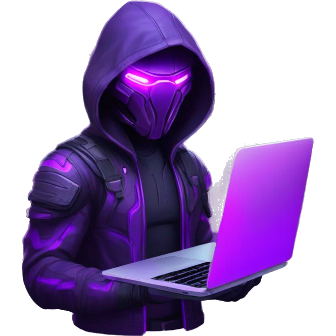 developer behind his laptop with this style : crysis Cyberpunk Valorant neon glowing bright purple character purple violet black hooded assassin themed character emoji