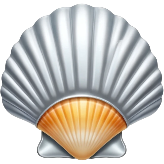 A seashell emoji made of polished silver chrome, smooth curved surface, reflective metallic highlights, elegant minimal design, iOS emoji style, centered, clean white background, soft lighting emoji