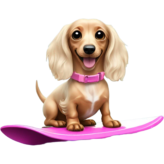 Long haired miniature dachshund cream colour with pink collar on waterskis emoji