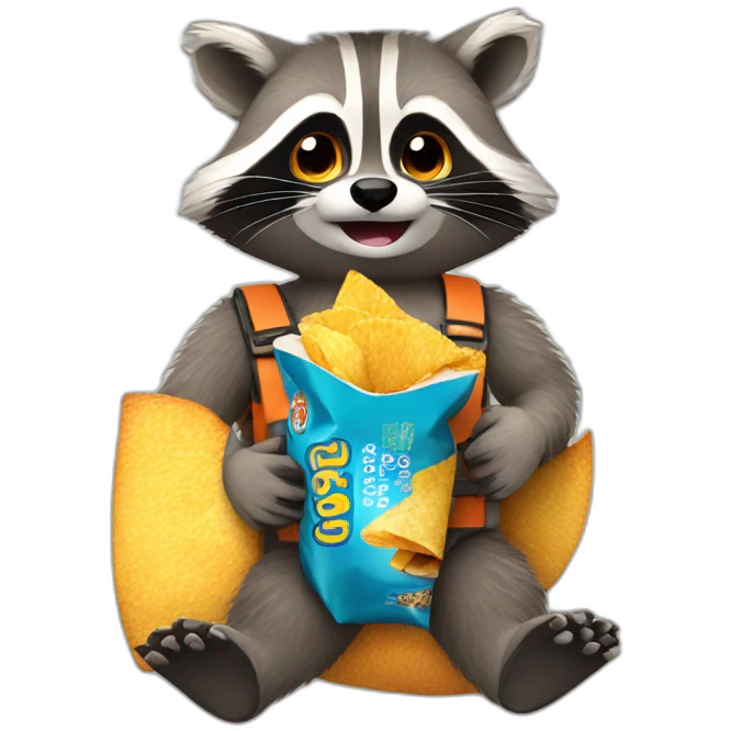 Raccoon with a seatbelt on eating a packet of crisps emoji