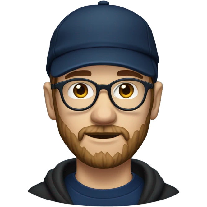a white dude with a brown beard and sideburns and thin frame glasses wearing a black newsboy hat a navy blue pull over hoodie and dark blue t shirt emoji