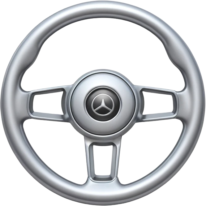 A futuristic steering wheel emoji made of silver chrome, minimal geometric design, smooth metallic surface, soft reflections, iOS emoji style, centered, clean white background emoji