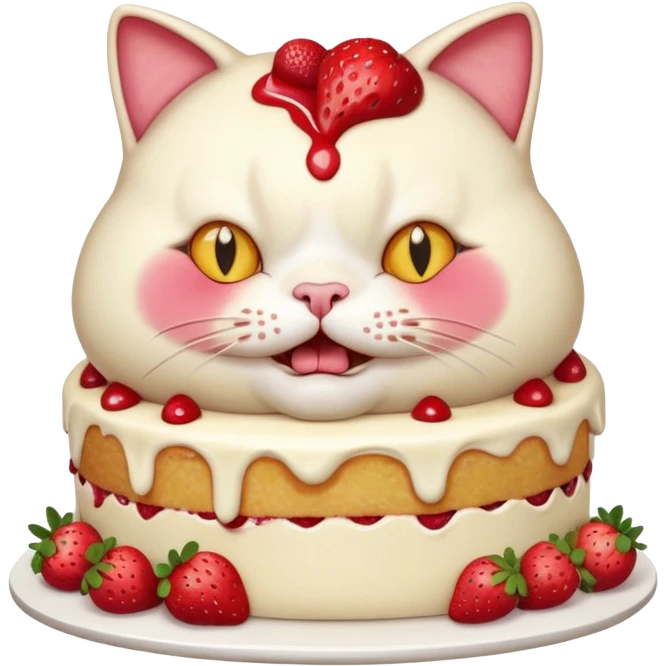 A chubby cat aggressively eating a giant strawberry cake, cream all over its face, exaggerated expression, vibrant colors, cartoon style, playful and humorous mood
, emoji
