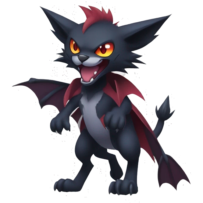   cool edgy beautiful fantasy anime-style dark animal vampiric Litten-Zoroark-cat-hybrid Fakemon with big fangs and bat-ears full body emoji