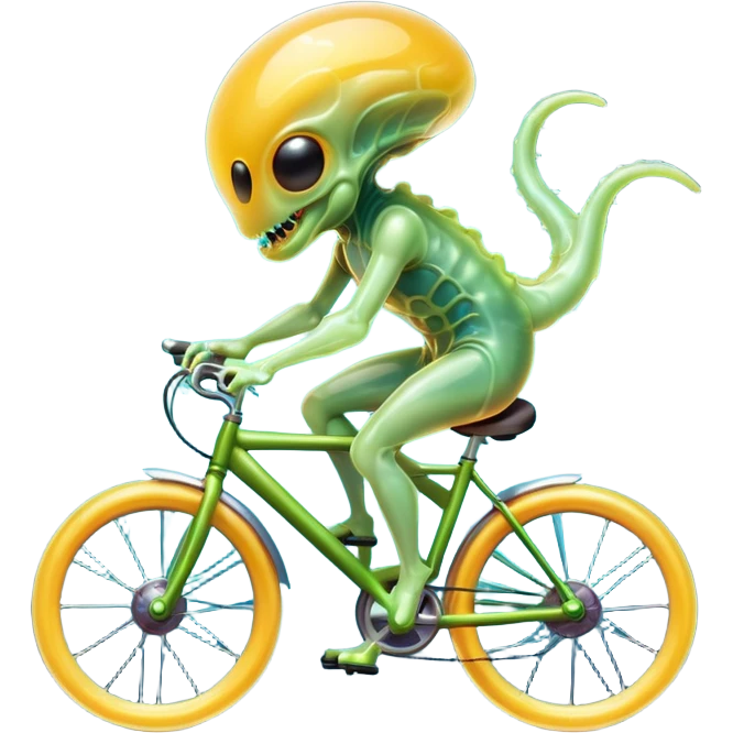 jelly alien riding a bicycle, translucent gelatin body, glowing core inside, wobbly fun movement, cute sci-fi creature, 3D cartoon, mobile game icon style, clean background, no text, no watermark
 emoji