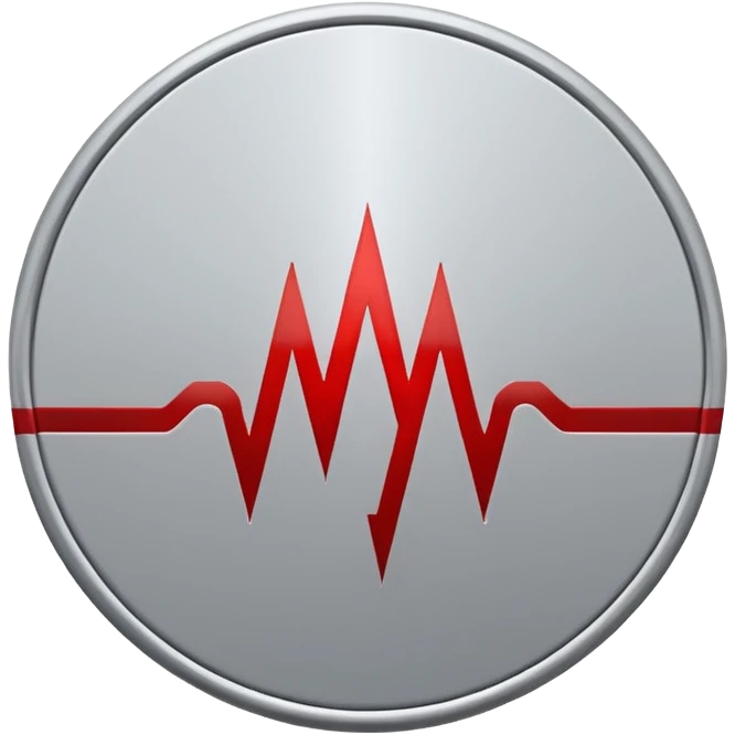 Minimalist medical technology logo. White background. A clean circular shield shape in light gray. Inside the shield — a sharp red signal line forming abstract letters “AI”, resembling a medical alert waveform but not a classic ECG.  emoji