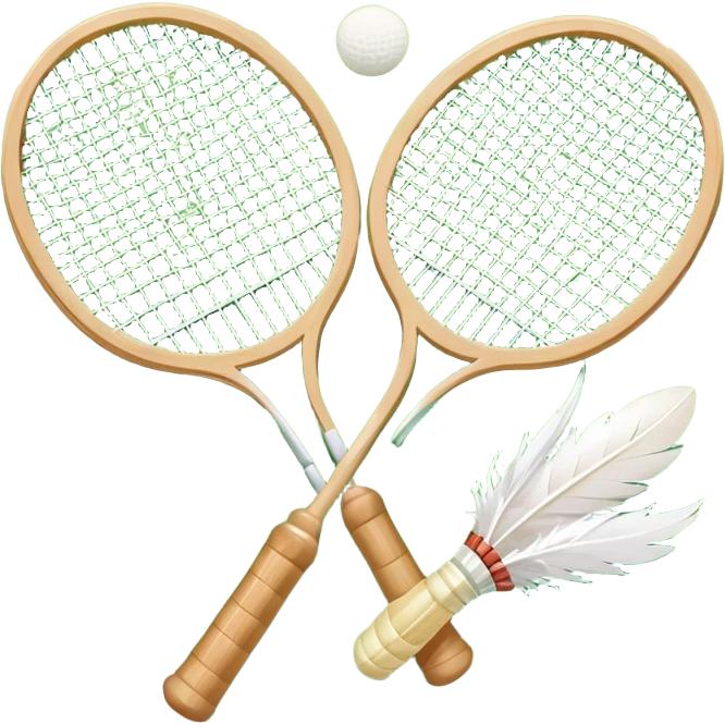 Two crossed badminton rackets with a shuttlecock resting in between, set against the faint outline of a badminton court. The image highlights the tools of the sport, with a subtle emphasis on the court's net and boundaries, symbolizing competition and skill. emoji