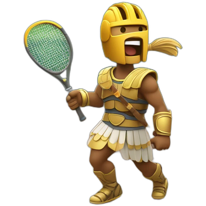 Roman gladiator with one tennis racket on right hand playing in tennis ...