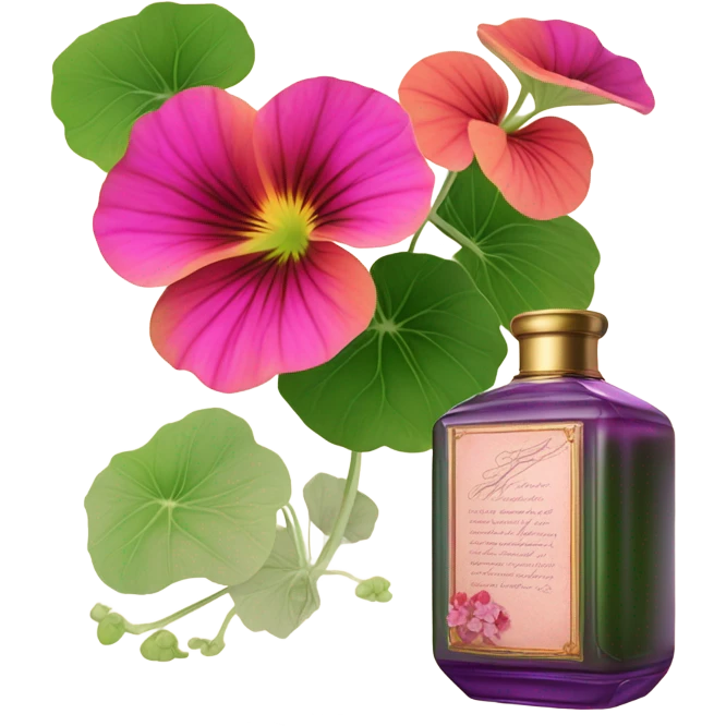 Aesthetic display of blush violet nasturtiums, an elegant deep pink perfume bottle, and a vintage love violet letter written in flowing script. emoji