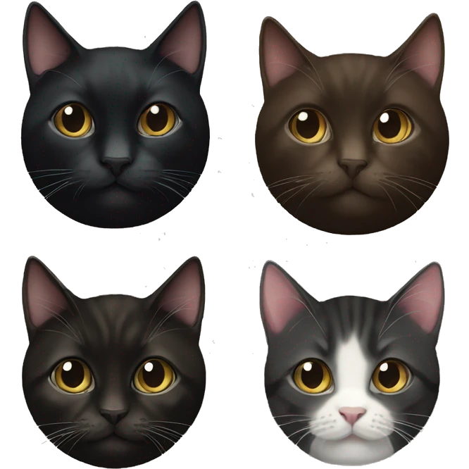 a black tuxedo cat, a dark brown tabby cat, and a black kitten  emoji