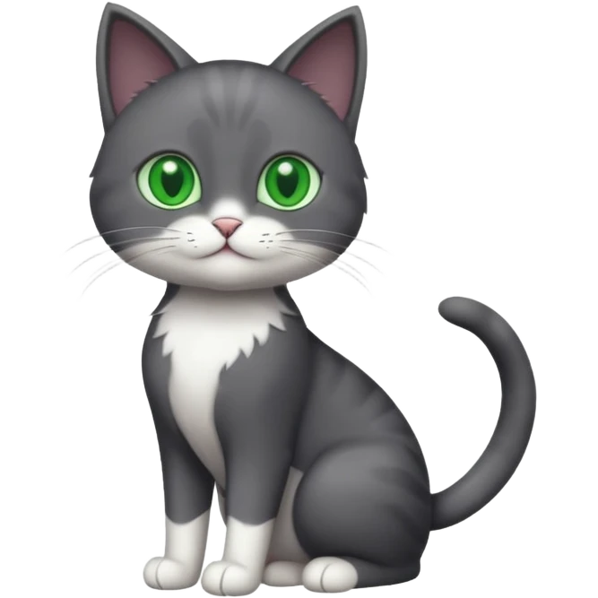 full body gorgeous solid dark grey cat with green eyes, white paws and white whiskers playing emoji