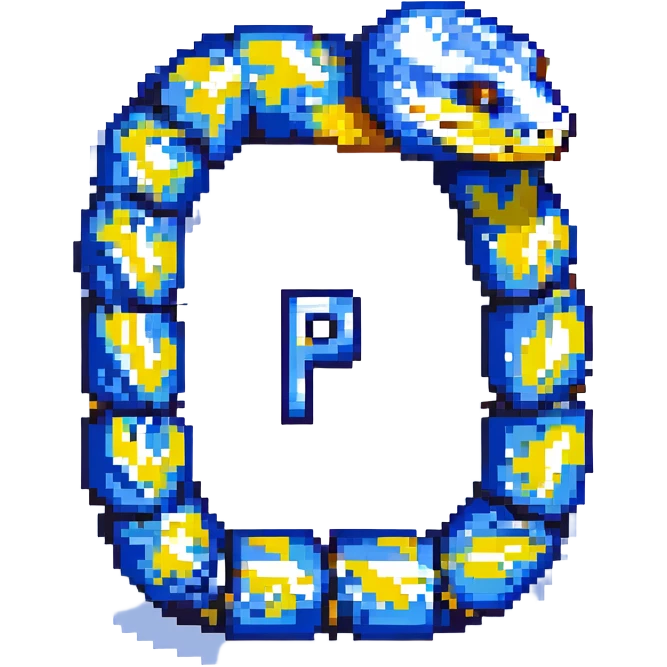 pixel art version of the Python logo, with a blue and yellow palette and a coiled snake forming the shape of the letter 'P' emoji