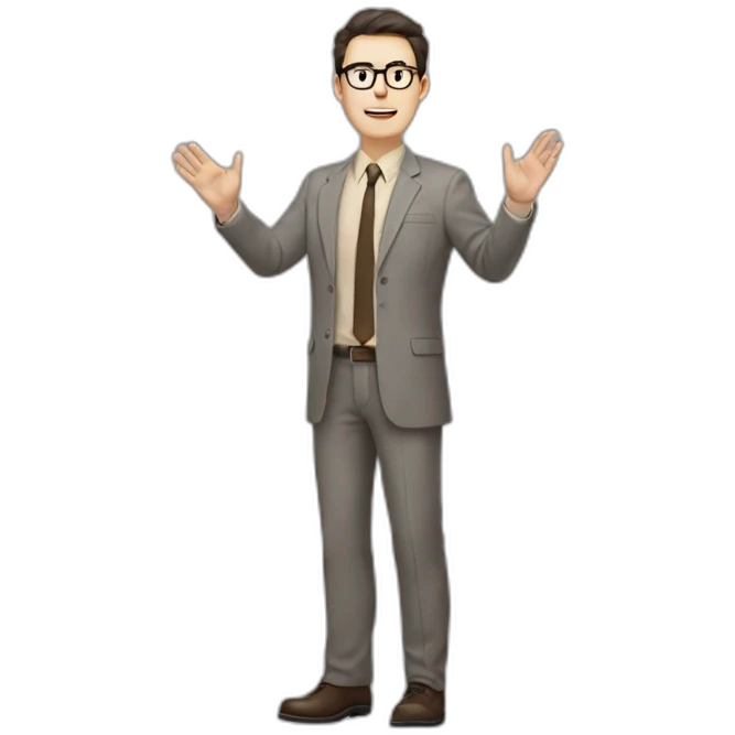 Full height Actively gesturing with hands Pale skinned fit man with dark brown hair in gray jacket, beige office shirt, brown tie, brown pants and vintage glasses. emoji
