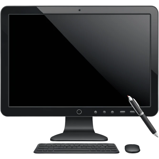 Minimalistic flat vector icon, iOS style, thin black contour on white background. Computer monitor with a pen tool icon. No text, no shadows.
 emoji