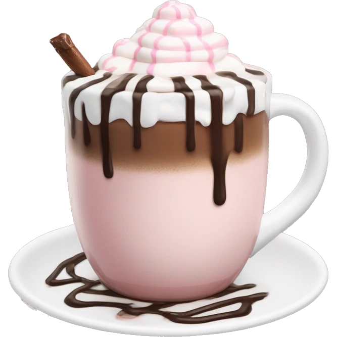 hot chocolate with mug and whip cream and chocolate drizzle and pale pink strawberry and marshmellows emoji