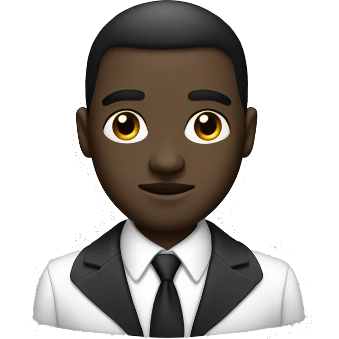 Create a black man with cut in his eyebrow with big black eyes and white suit emoji