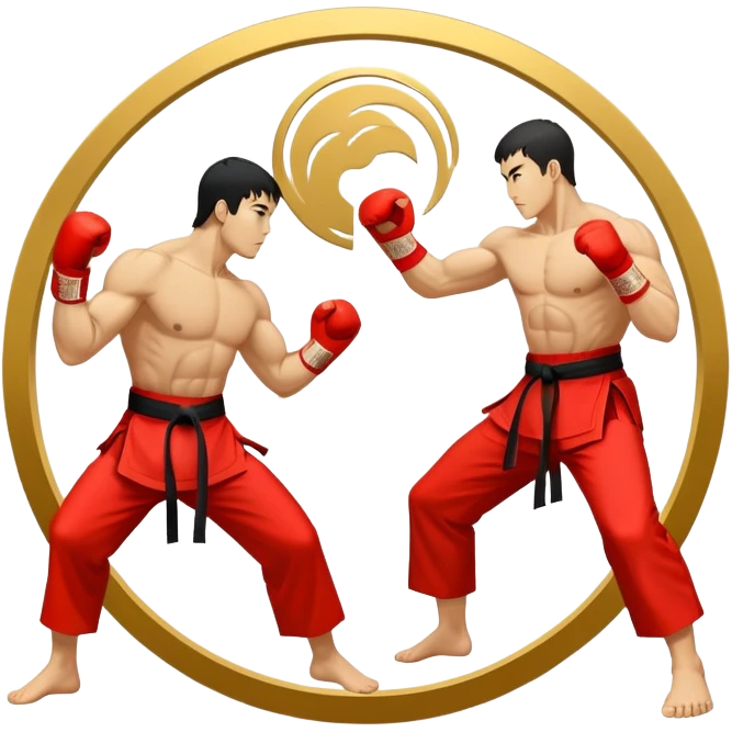 Round emblem symbolizing striking martial arts. The emblem features two fighters in dynamic stances, one delivering a powerful punch while the other defends with a block. In the center, a stylized fist and foot crossed to represent the essence of striking.  emoji