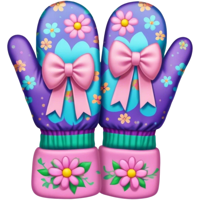 Psychedelic colored hippie style mittens with dlowers and pale pink bow emoji