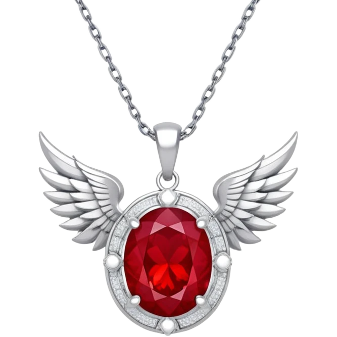 phoenix-inspired ruby pendant, deep red with a pulse of light, silver chain and white stone halo emoji