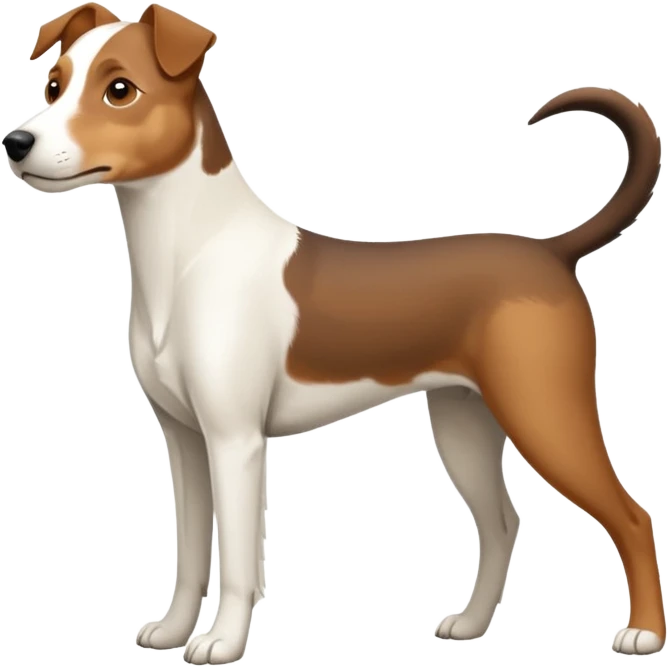 a full body large white parson russell looking dog the size of a kelpie with light brown ears and a light brown patch on one eye and a large snout emoji