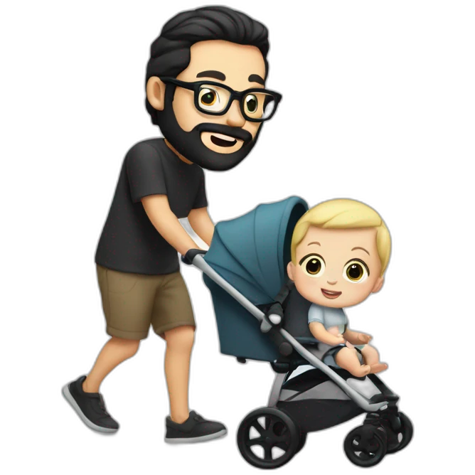White man with Black hair,  beard and glasses pushing buggy with blonde baby emoji