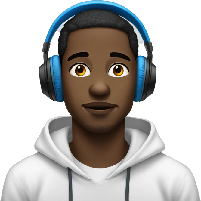 A young black man with blue headphones and a white hoodie, eyes wide and expressive, absorbed in the music. His look is focused and relaxed, capturing the essence of a true listener. emoji