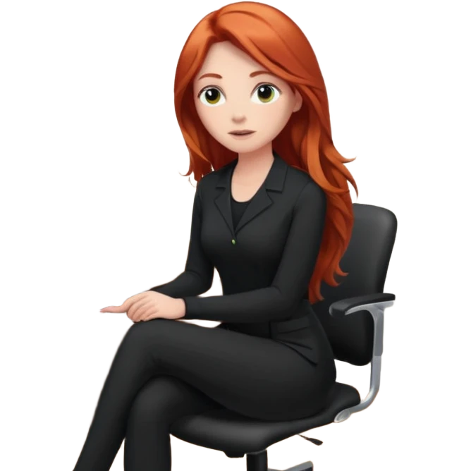 Video call therapy session: red-haired therapist with long hair wearing black minimalist clothing, seated in a professional home office, looking at the webcam; calm, modern teletherapy setting emoji