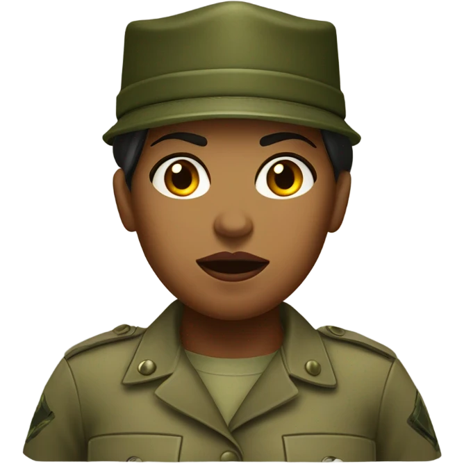 a female drill sergeant showing full torso wearing a classic sergeant hat and a camouflage army shirt. The character should have an angry intense expression.  emoji