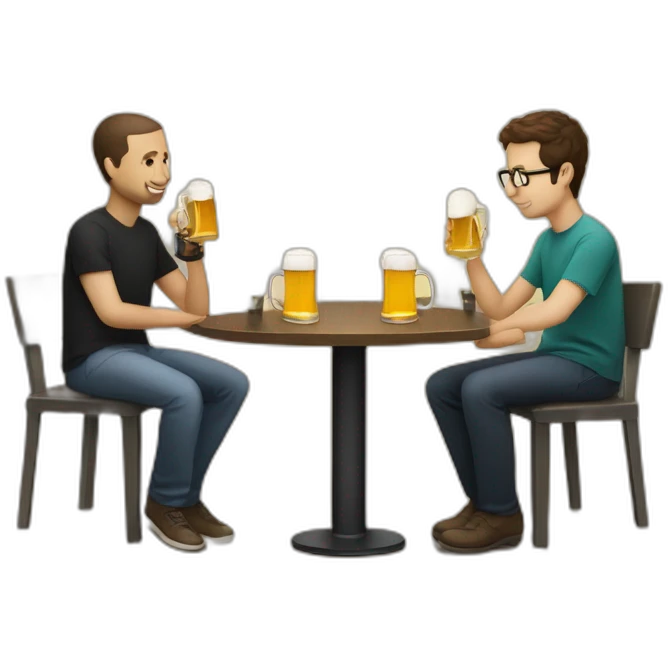Sam Altman and Satya Nadella at a small table, both drinking beer.  emoji