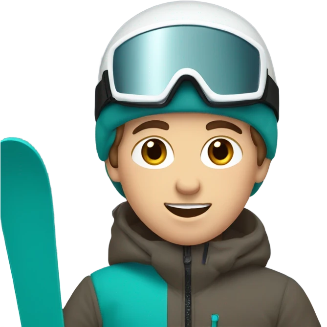 white Boy with wavy brown hair skiing on teal skis. He is wearing a gray coat and black snow pants  emoji
