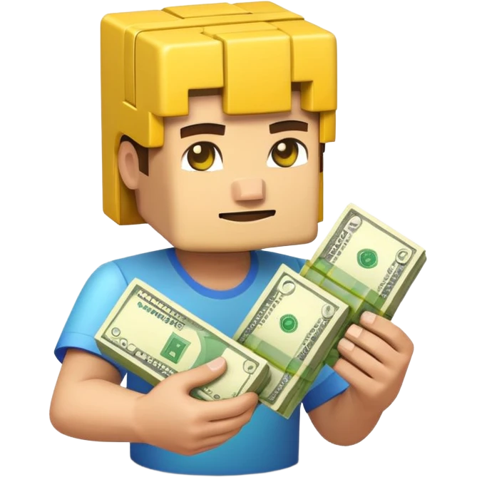 emoji style icon, minecraft blocky character holding a stack of money, pixel art style, bright colors, simple background, 3D glossy emoji, centered composition, soft shadow, high detail, clean outline, white background emoji