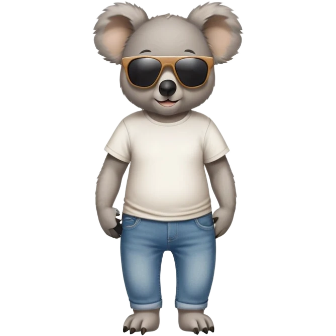 anthropomorphised koala in a 'Go' t-shirt and jeans with dark sunglasses walking upright, relaxed pose emoji