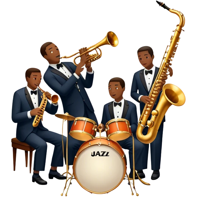 Icon for Jazz Music: The Jazz Messengers, featuring a dynamic composition with Art Blakey on drums and musicians playing saxophone, trumpet, and piano. Musical notes and a warm jazz club atmosphere emphasize the vibrant hard bop style. Transparent background. emoji
