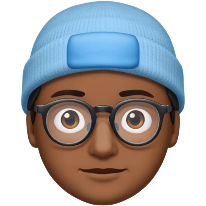 A person emoji with medium-dark skin, wearing a light blue beanie and black-framed glasses, with brown eyes, dark eyebrows, a small nose, and a subtle smile on a clean-shaven face. emoji