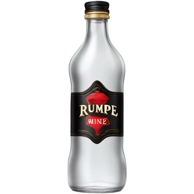 Tall clear alcohol bottle of rumple minze alcohol with black and red label emoji