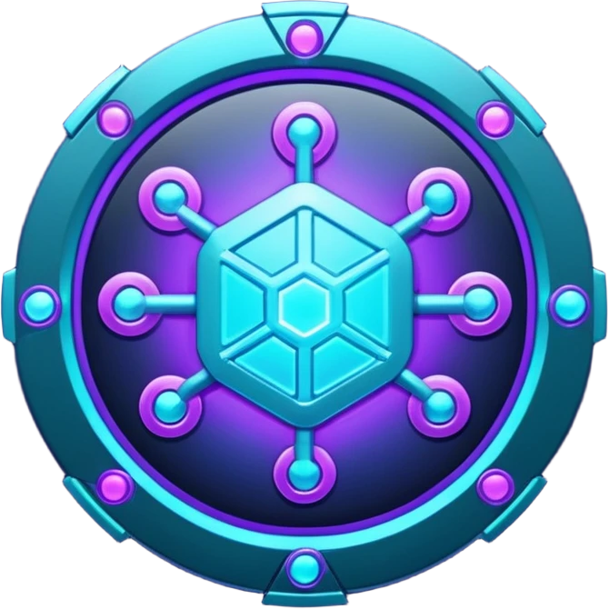 Futuristic blockchain node badge icon, circular emblem with interconnected glowing nodes, all nodes softly illuminated, neon cyan and violet gradient, sci-fi web3 game UI style, metallic rim, dark background, 3D polished game asset, sharp and high detail, centered composition emoji