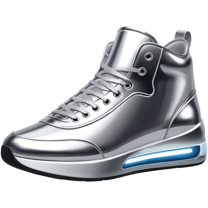 A pair of futuristic sneakers emoji made of silver chrome, sleek streetwear design, smooth metallic panels, subtle reflections, luxury swag aesthetic, iOS emoji style, centered, clean white background emoji